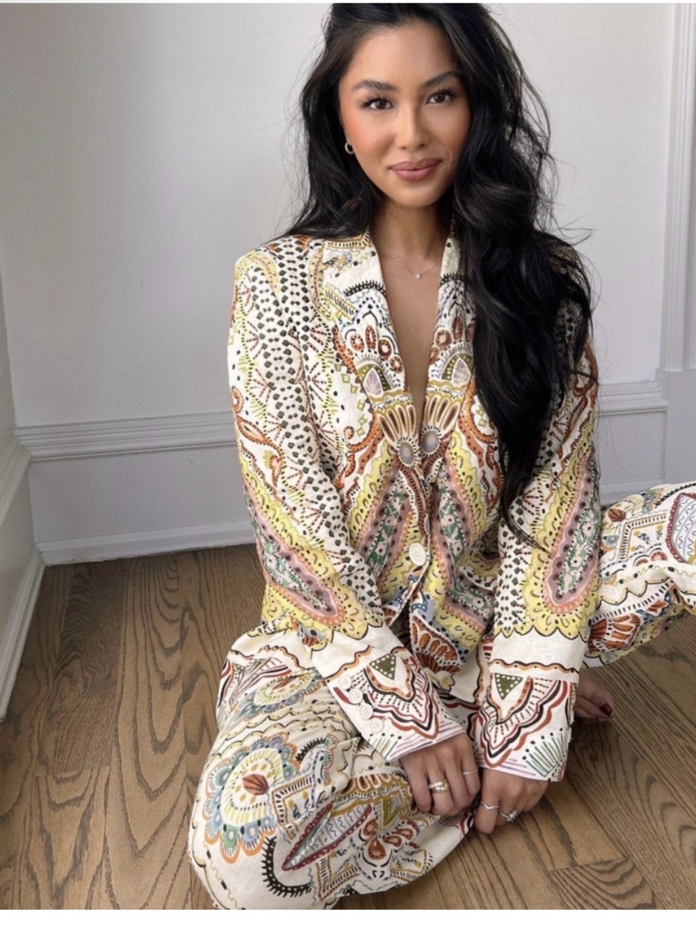 ZARA PRINTED LINEN BLEND BLAZER MULTICOLOR S